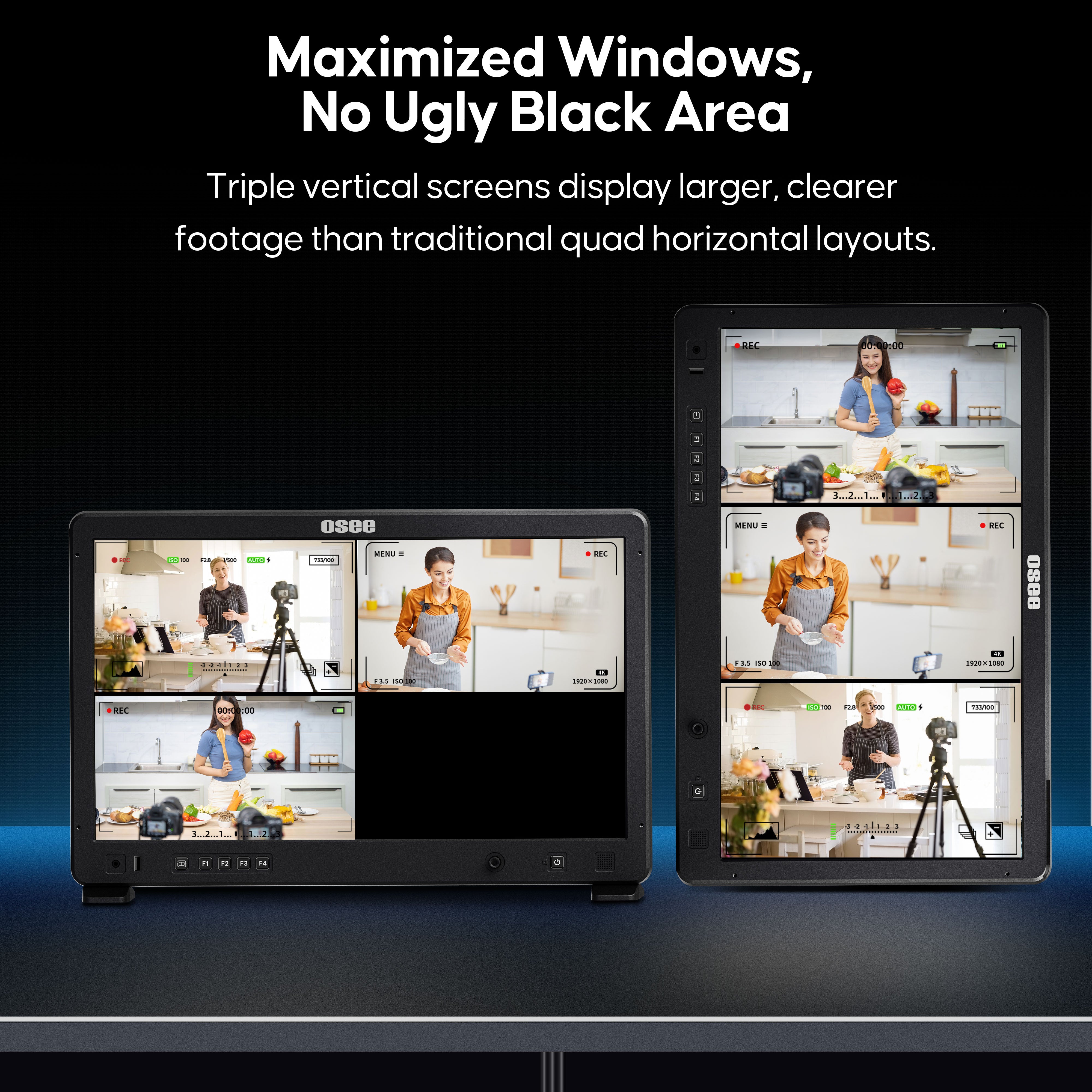 The Mega22S4's triple vertical screens display a larger, clearer picture than the traditional quad horizontal layout.