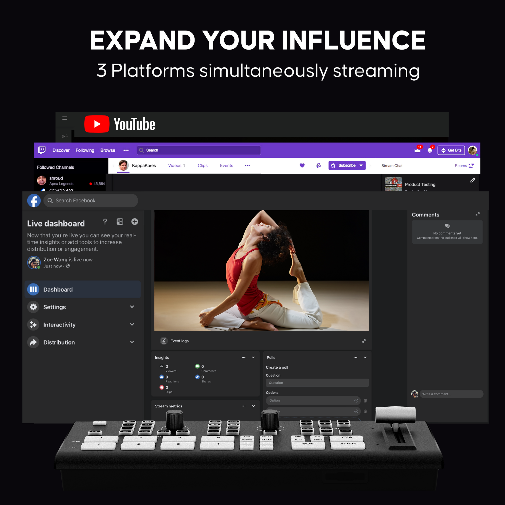 GoStream Deck supports3 platforms simultaneously streaming