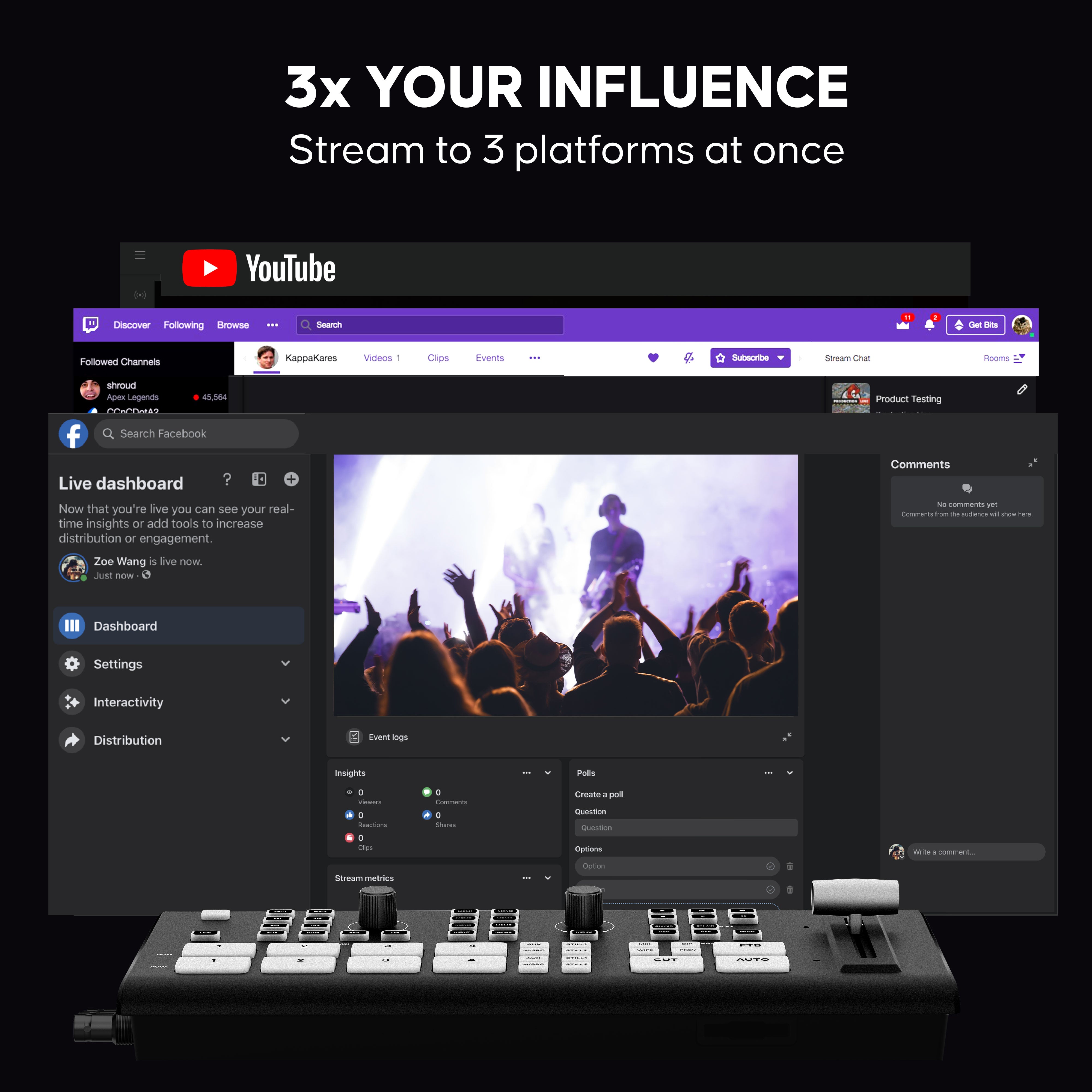 GoStream Duet can support up to three streaming platforms simultaneously