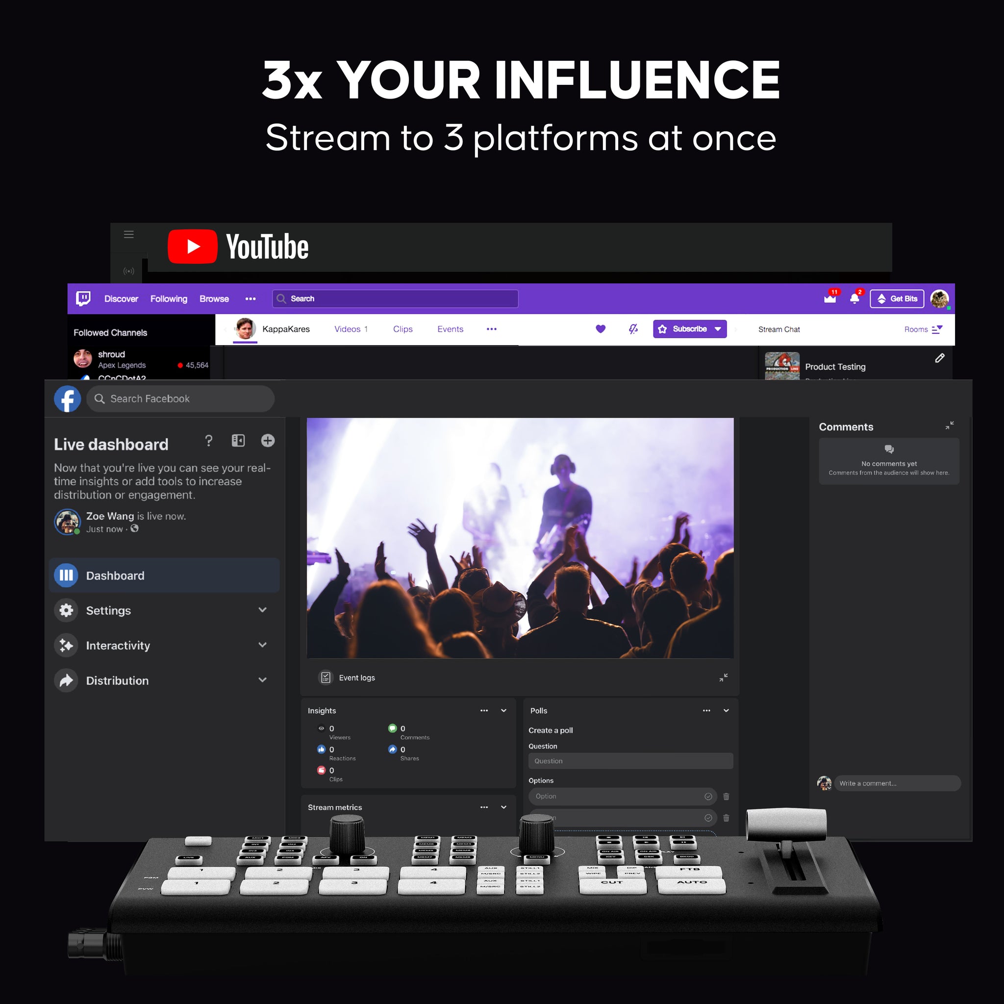 GoStream Duet can support up to three streaming platforms simultaneously