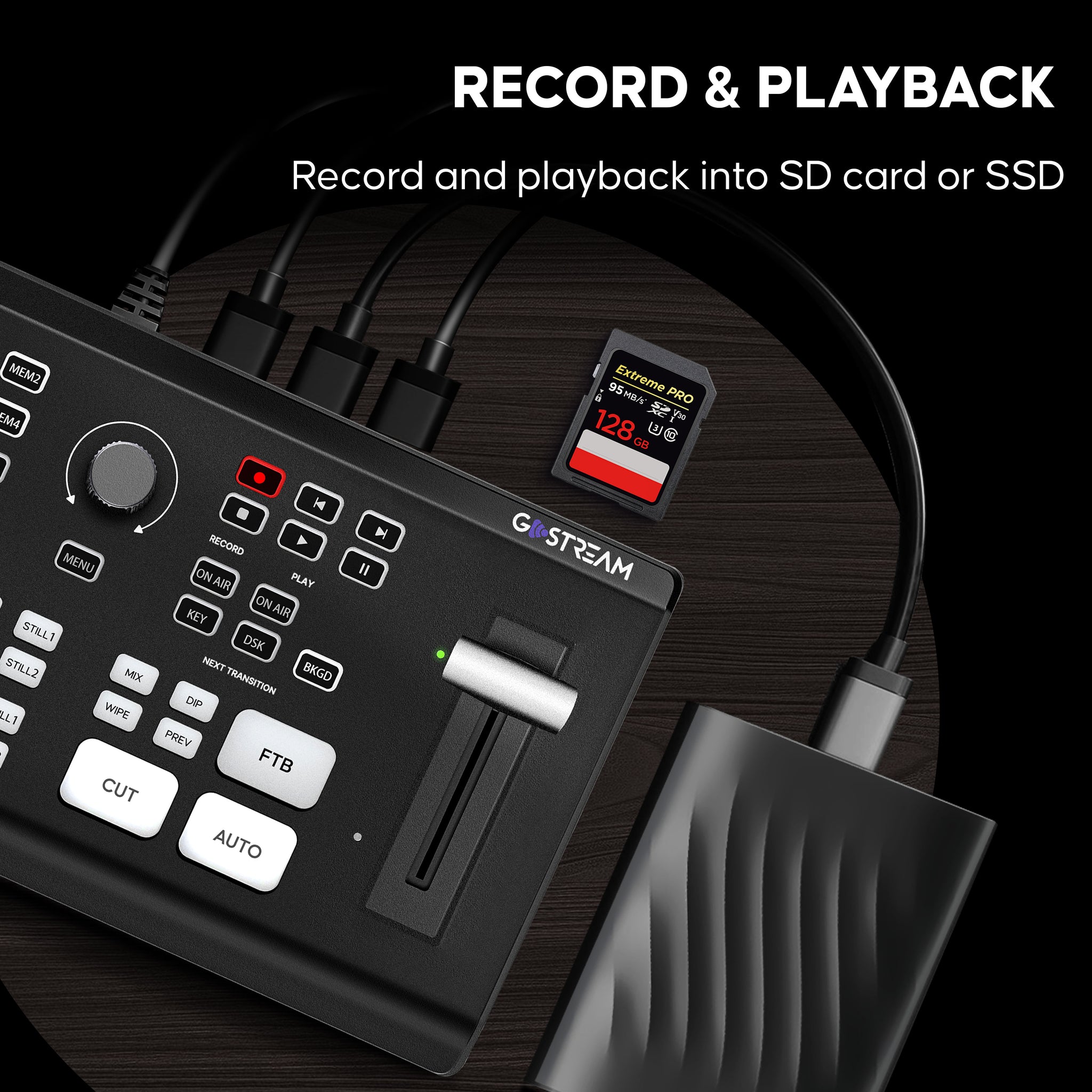 GoStream Duet supports recording and playback to an SD card or SSD