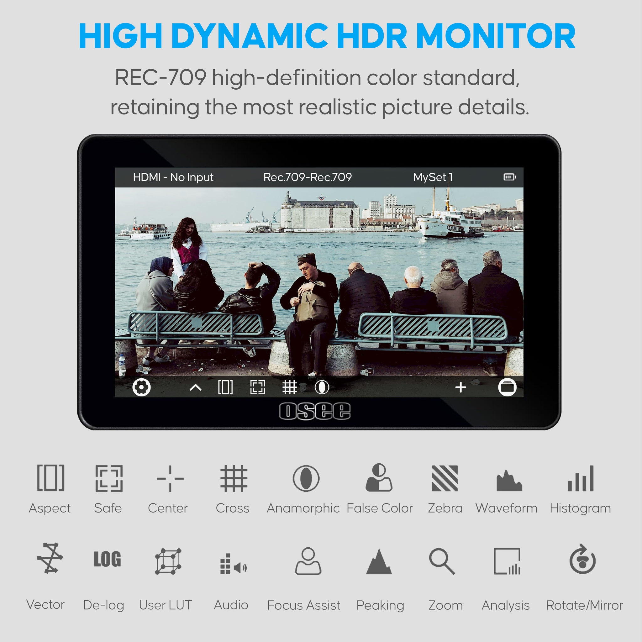 Lilmon 5 professional interface showing Rec.709 color, waveform monitor, and MySet presets