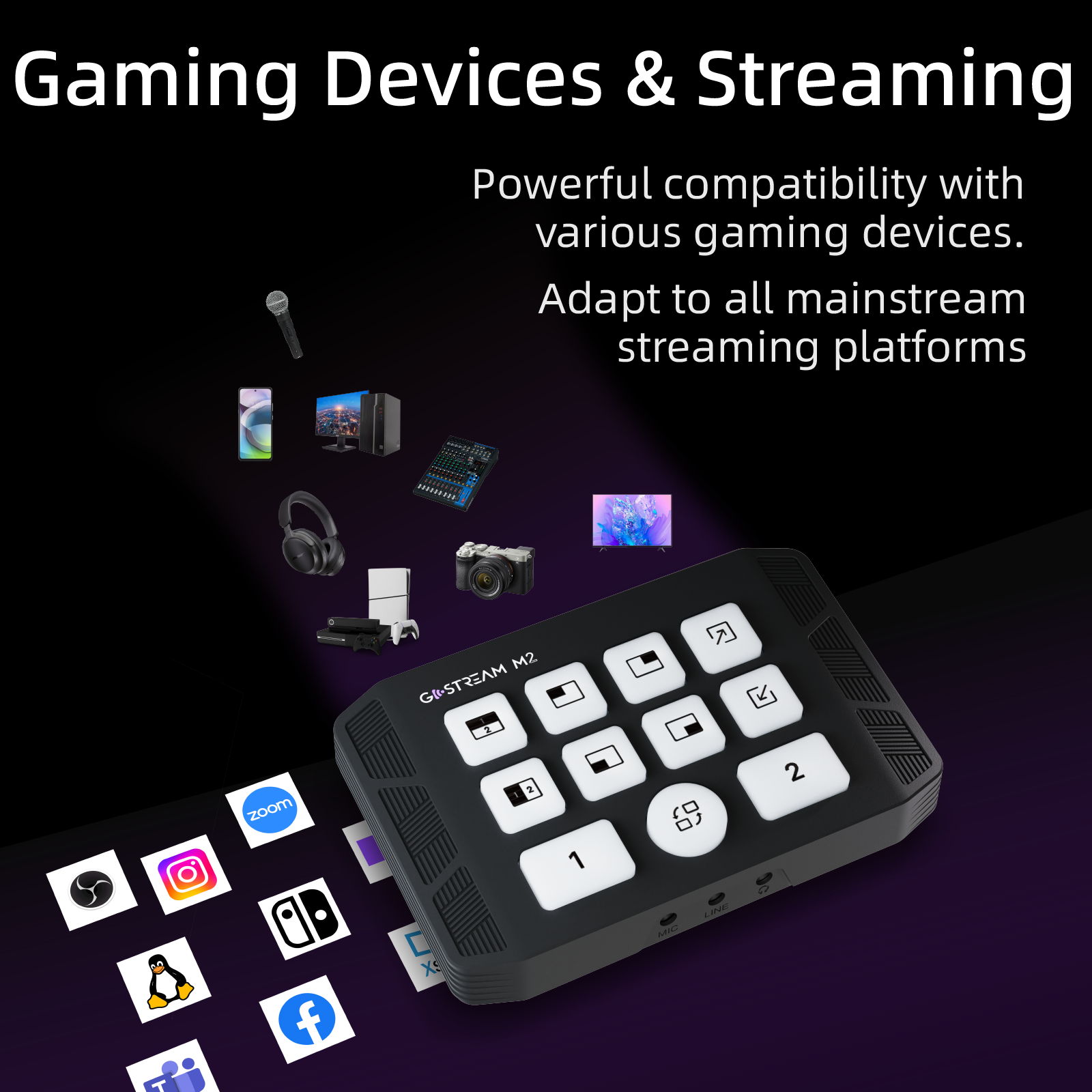 GoStream M2 powerful compatibility with various gaming devices and adapts to all mainstream streaming platforms