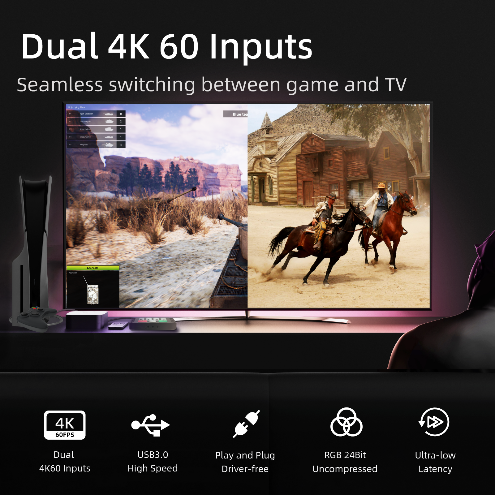 GoStream M2 supports dual 4K 60 inputs, one click to seamlessly switch between game and TV
