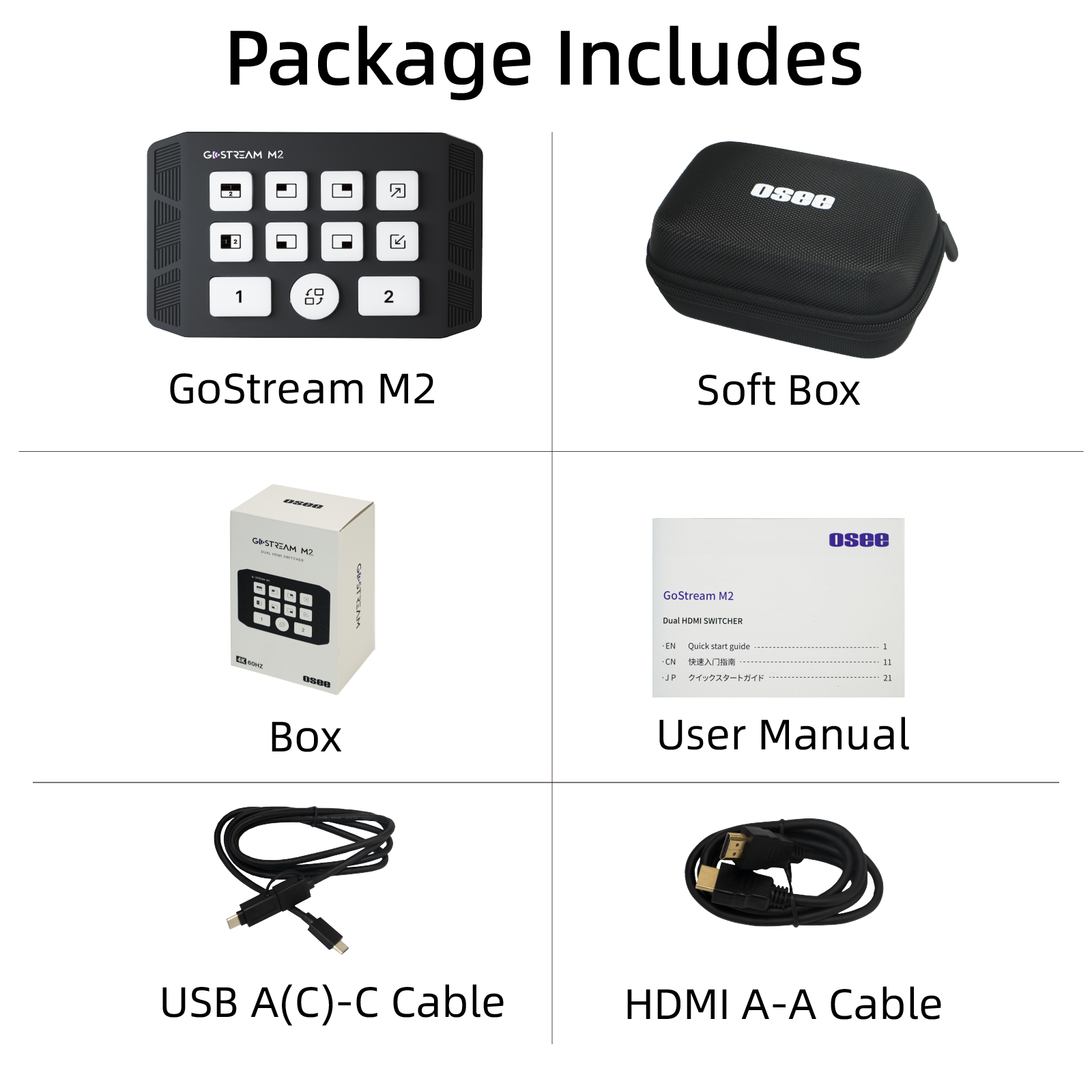 GoStream M2 package includes USB A(C)-C cable, HDMI A-A cable, user manual, soft box and paper box