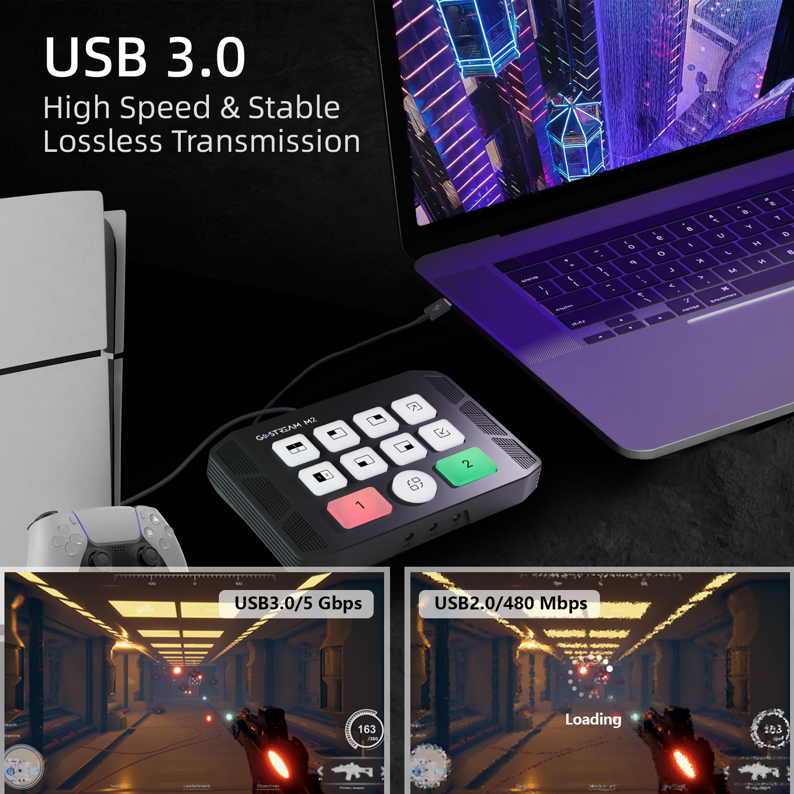 GoStream M2 supports USB 3.0 high speed and stable lossless transmission
