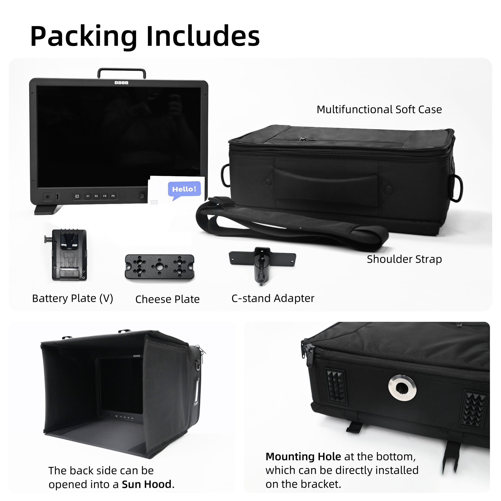 Mega 15S Comes with a high-quality customed soft hoody case to house the monitor and accessories, also equipped with a shoulder strap for easy carrying