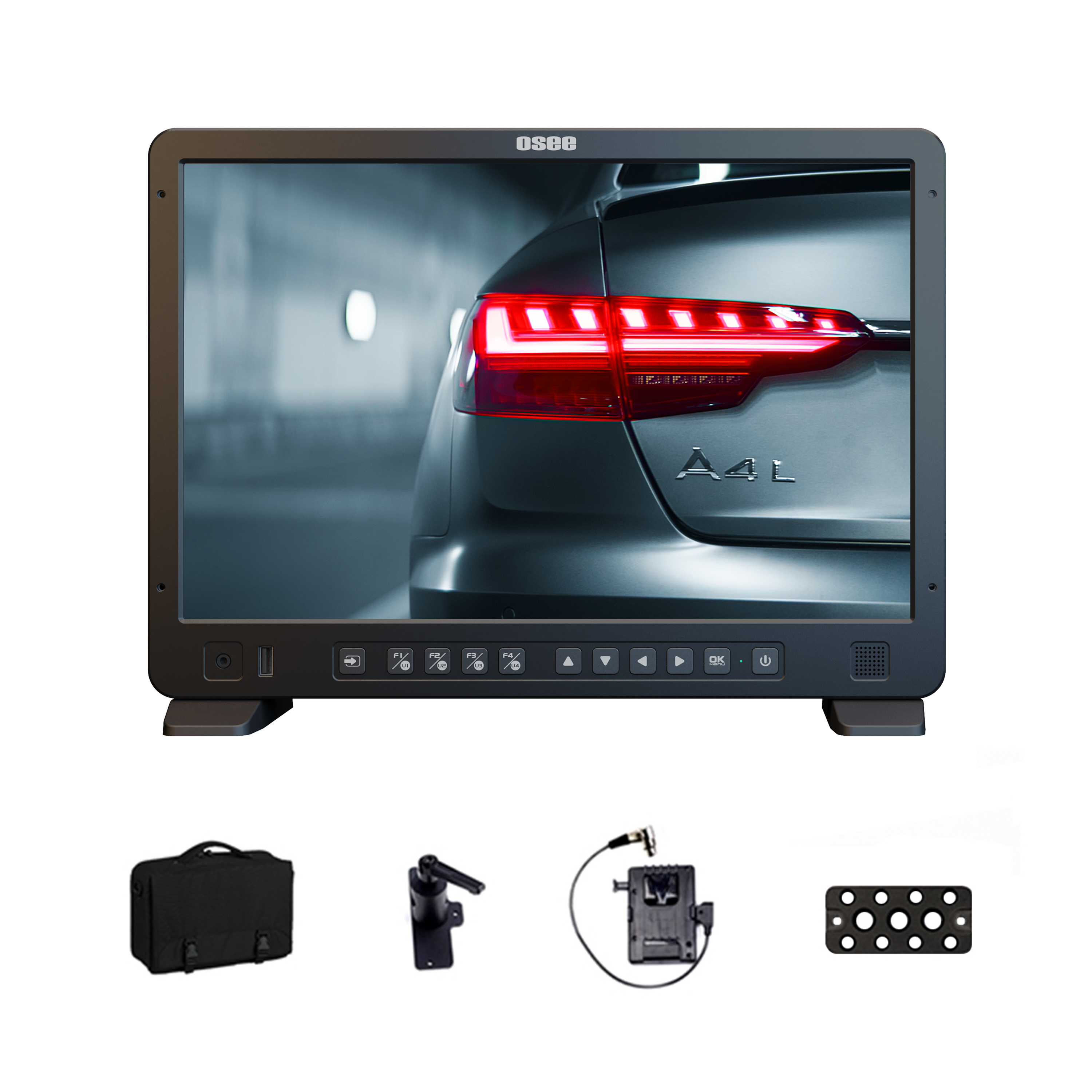 Megamon 15 comes with C-stand adapter, V or AB mount battery plate, D-tap to XLR DC cable, Cheese plate, Desktop feet and AC power cord, plus the soft-hooded carrying case