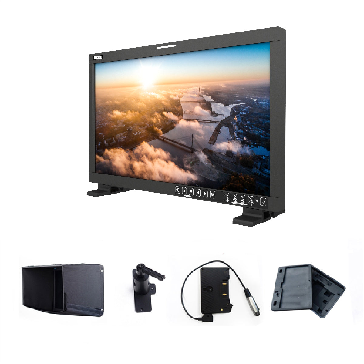 LCM215-HDR+ package includes Monitor, Sunhood, V-mount/AB-mount Battery Plate, C-stand Adapter, Custom Foam Mold, Desktop Stand Feet, Power Cable