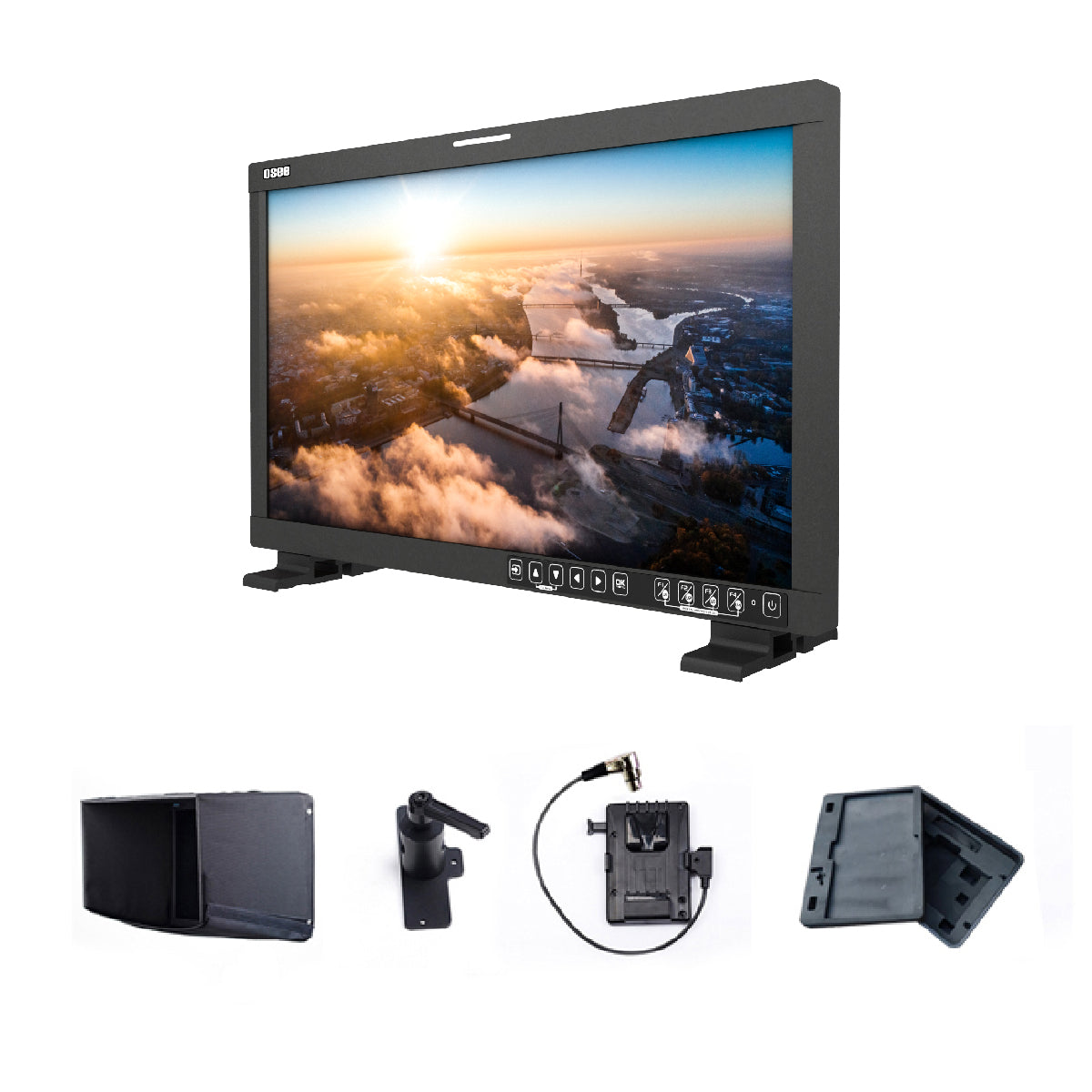 LCM215-HDR+ package includes Monitor, Sunhood, V-mount/AB-mount Battery Plate, C-stand Adapter, Custom Foam Mold, Desktop Stand Feet, Power Cable