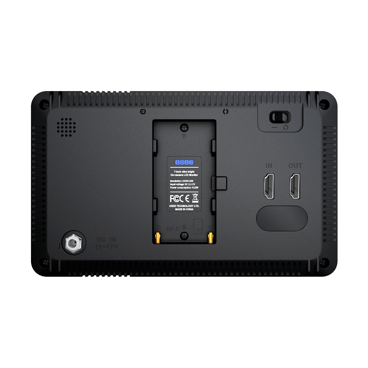 T7 features Sony NP-F battery slot and DC input port, compatible with the AC to DC power adapter and a D-tap to lockable pole DC cable