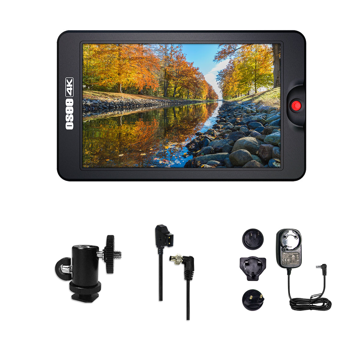 T7 standard package includes T7 monitor, cold shoe/ 1/4" bolt ball head, D-tap to Llockable pole DC cable, AC-DC power adaptor
